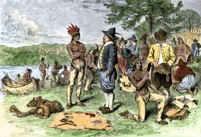 Framed Print : Dutch merchants trading with Native Americans on Manhattan Island