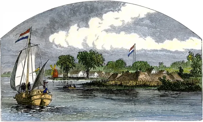 Framed Print : Dutch ship threatening English colonists in Connecticut Framed Print : Dutch ship threatening English colonists in Connecticut