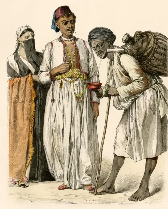 Framed Print : Egyptian couple buying a drink from a water-seller in Port-Said Framed Print : Egyptian couple buying a drink from a water-seller in Port-Said