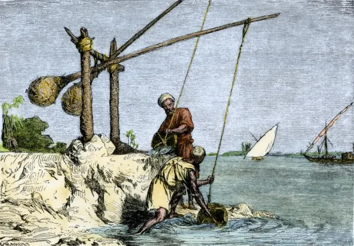 Framed Print : Egyptians drawing Nile water with a shadoof Framed Print : Egyptians drawing Nile water with a shadoof