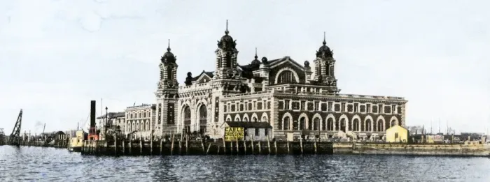 Framed Print : Ellis Island buildings in New York harbor