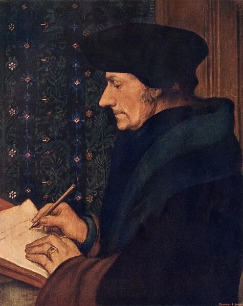 Erasmus. Desiderius Erasmus writing.. Printed halftone reproduction of