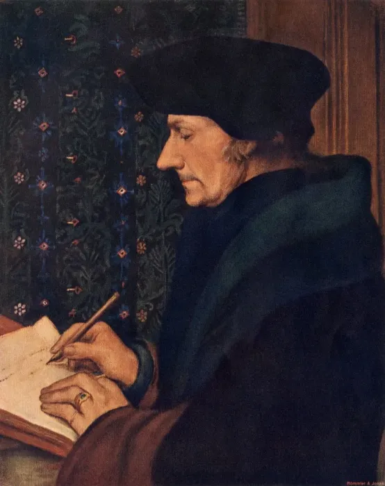Framed Print : Erasmus. Desiderius Erasmus writing.. Printed halftone reproduction of Framed Print : Erasmus. Desiderius Erasmus writing.. Printed halftone reproduction of