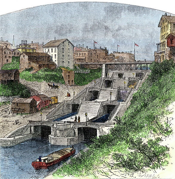 Erie Canal locks. Boat in the Erie Canal locks at Lockport, New York, 1870s.