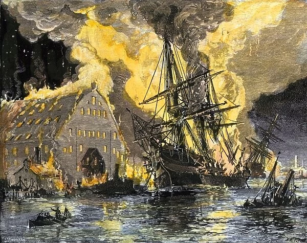 EVCW2A-00025. US frigate ' Merrimac' on fire during Confederate burning