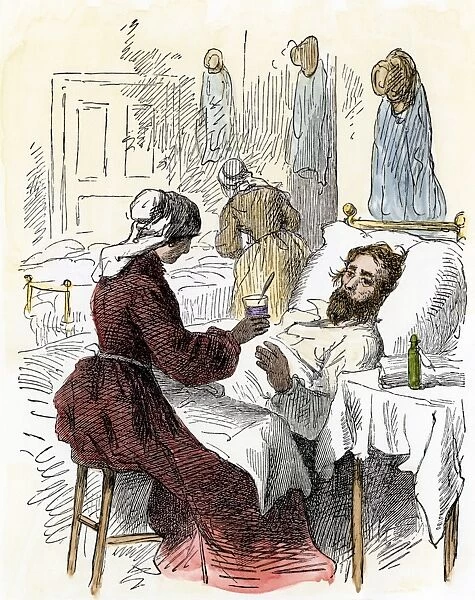 EVCW2A-00049. Nurse treating a wounded soldier in a Civil War hospital.