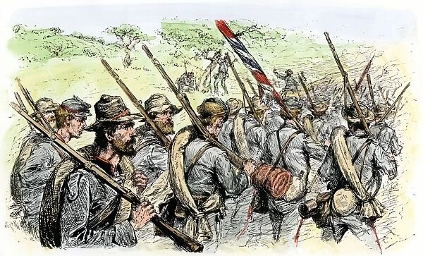 EVCW2A-00074. Confederate troops on the march, American Civil War.. Hand-colored woodcut