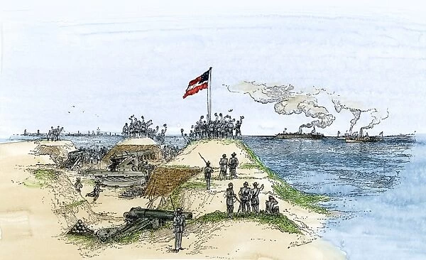 EVCW2A-00141. Ironclad 'Merrimac,' cheered by the Confederate battery on Craney Island
