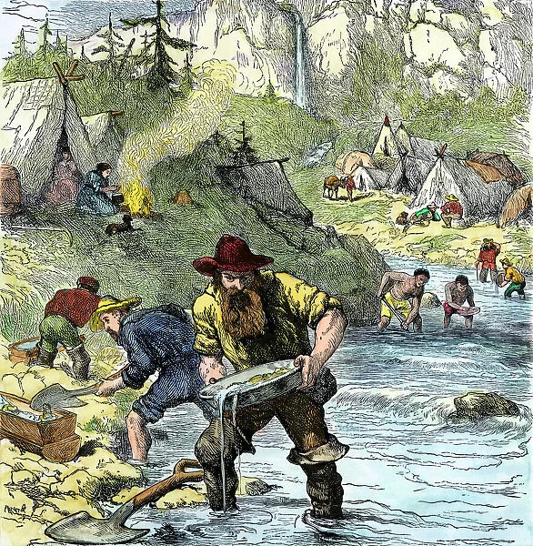 EVNT2A-00012. Prospectors panning for gold in the California Gold Rush.