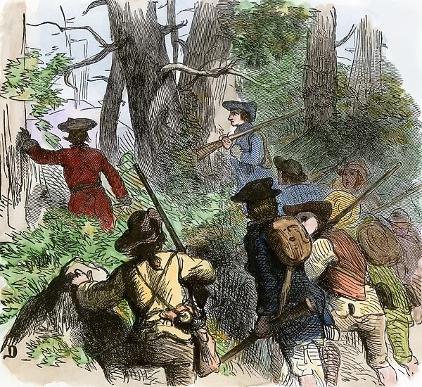 EVNT2A-00104. Colonial militia crossing the mountains during the French and Indian War.