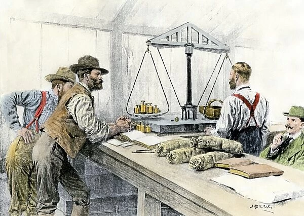 EVNT2A-00114. Klondike miners weighing their gold in a Dawson City bank, 1898.