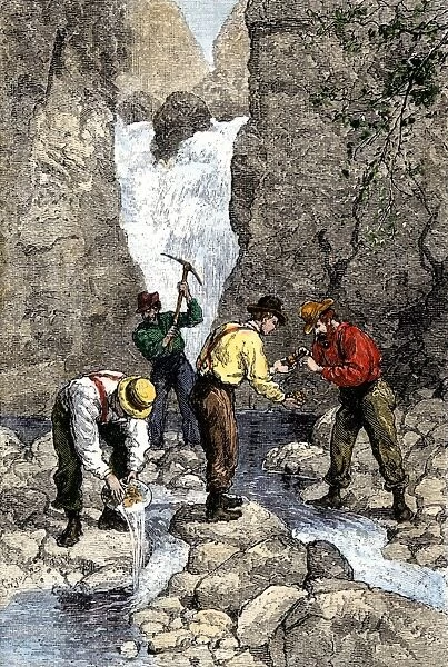 EVNT2A-00151. Prospectors finding gold in a Georgia stream, 1800s.