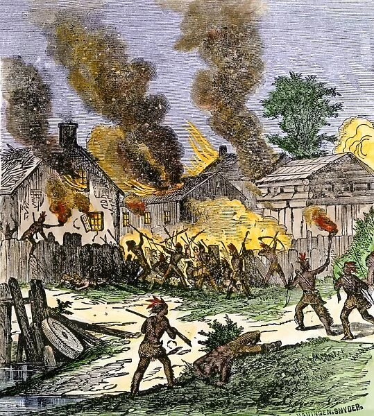 EVNT2A-00153. Colonial village of Brookfield, Massachusetts burned by Native