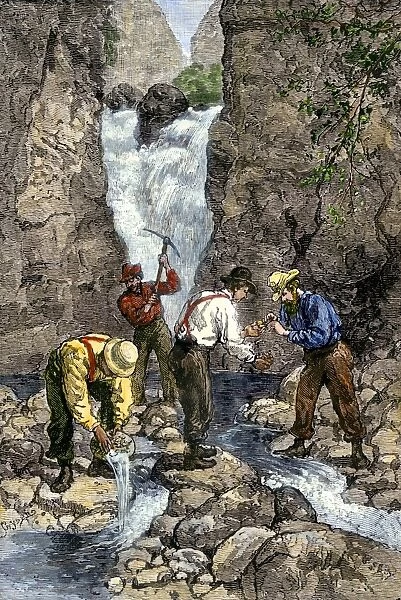 EVNT2A-00175. Prospectors finding gold in a stream during the California Gold Rush.