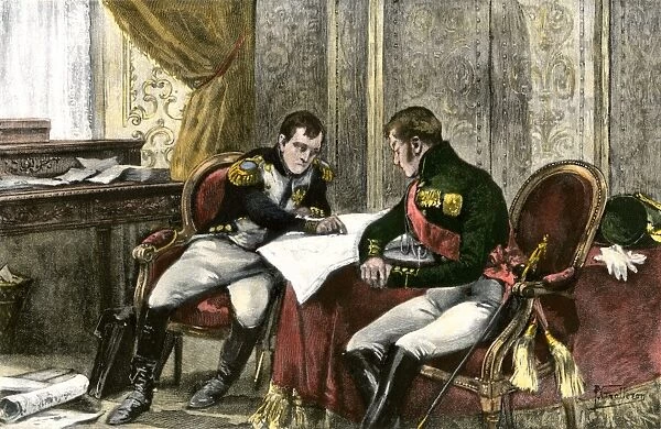 EVNT2A-00189. Napoleon Bonaparte and Tsar Alexander I discussing a treaty