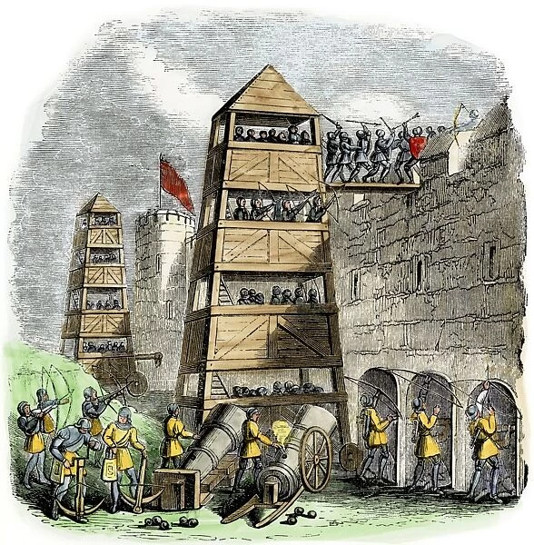 EVNT2A-00190. Breaching tower, archers, and cannon used in a siege during