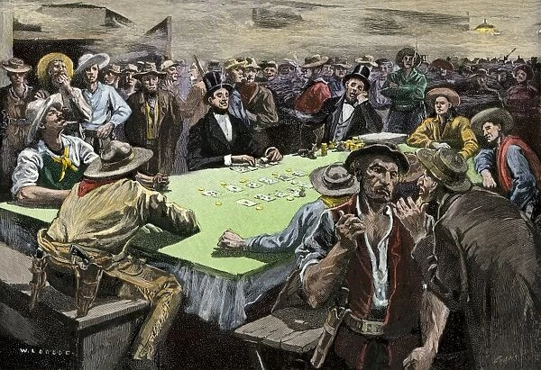 EVNT2A-00256. California Gold Rush miners in a gambling saloon playing faro.
