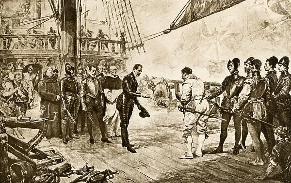 EVNT2P-00002. Spanish Armada's admiral surrenders his sword to Francis Drake, 1588.