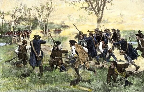 EVRV2A-00018. American minutemen fight to hold off the British army at Concord Bridge