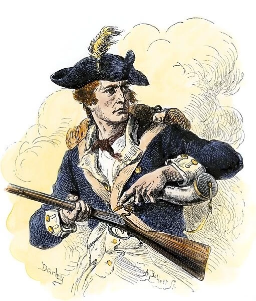 EVRV2A-00044. Continental soldier loading his musket, American Revolution.