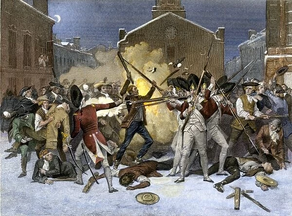 EVRV2A-00052. British soldiers kill four civilian protesters in the Boston Massacre, 1770.