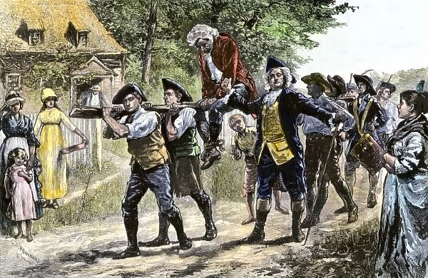 EVRV2A-00055. Colonists drumming a British loyalist out of town during