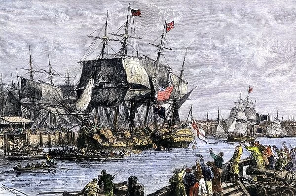 EVRV2A-00059. Colonial protestors emptying tea during the Boston tea party, 1773.