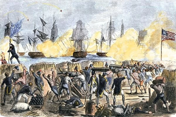 EVRV2A-00068. British attack on Fort Moultrie in Charleston harbor, 1776.