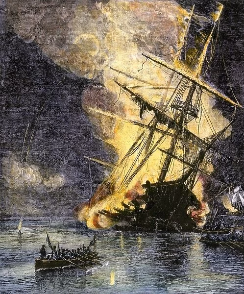 EVRV2A-00114. Destruction of British frigate 'Sharon' during the battle of Yorktown, 1781.