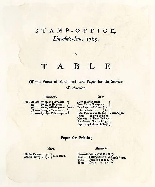 EVRV2A-00124. Table of prices under the British Stamp Act, 1765.