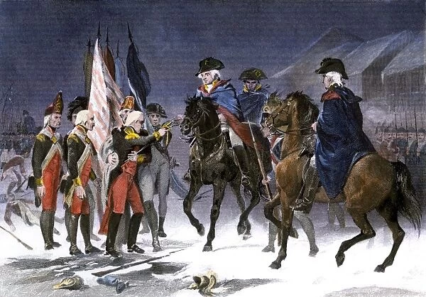 EVRV2A-00185. Wounded Hessian Colonel Rahl surrenders Trenton to George Washington