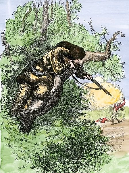 EVRV2A-00186. American marksman in a tree firing at British soldiers, Revolutionary War.