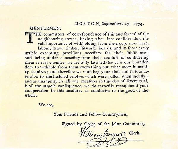 EVRV2A-00214. Letter from Bostons Committee of Correspondence urging supplies be withheld
