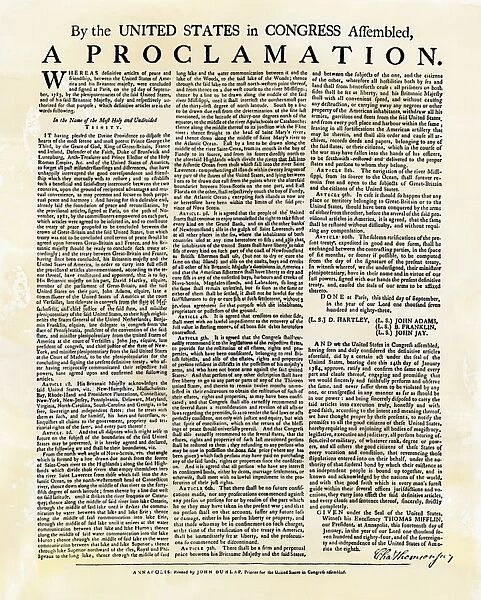EVRV2A-00224. Announcement of the Treaty of Paris, ending the Revolutionary War, 1783.
