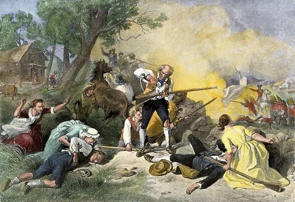EVRV2A-00254. First blow for liberty, colonials harrassing British soldiers on the road