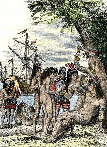 EXPL2A-00005. Columbus giving hawks bells to natives after landing in the Caribbean, 1492.