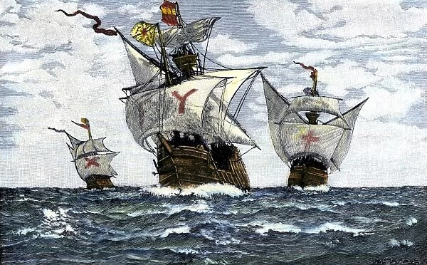 EXPL2A-00009. Three ships of Columbus approaching the New World, 1492.