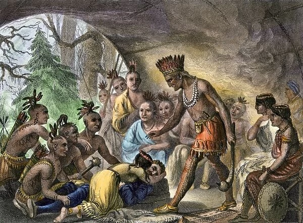 EXPL2A-00029. John Smith saved by Pocahontas, Jamestown Colony, Virginia Colony, 1607.