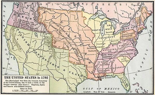 EXPL2A-00039. Map of the US in 1792, showing colonial claims on Oregon Territory.
