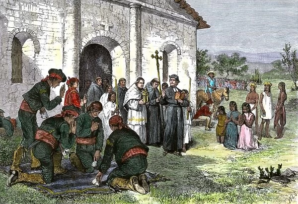 EXPL2A-00051. California mission with padres, Spanish soldiers, and Native Americans.