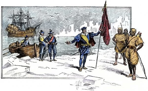 EXPL2A-00085. English Explorer John Cabot landing on the shore of Canada, 1484.