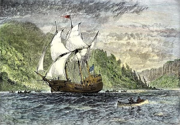 EXPL2A-00091. Henry Hudson's ship 'Half-Moon' ascending the Hudson River, 1609.