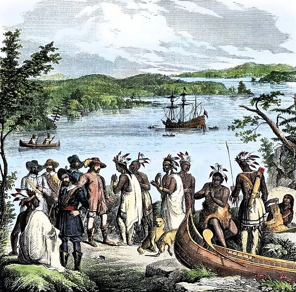 EXPL2A-00115. Henry Hudson meeting with Native Americans along the Hudson River, 1609.