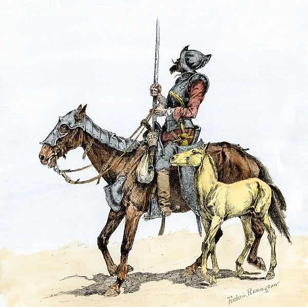 EXPL2A-00173. Spanish conquistador on a horse with foal - the origin of
