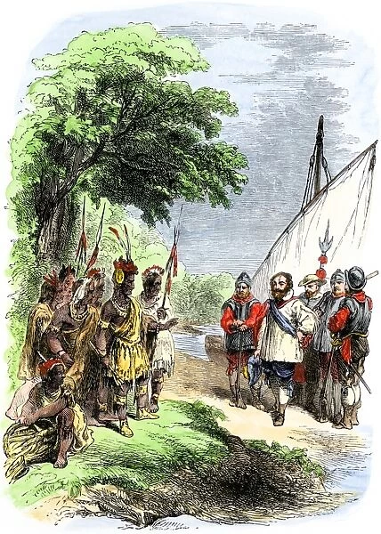 EXPL2A-00206. John Smith meeting Native Americans in Virginia Colony, early 1600s.