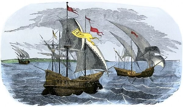 EXPL2A-00226. Spanish ships of Hernando Cortes sailing to Mexico, 1519.