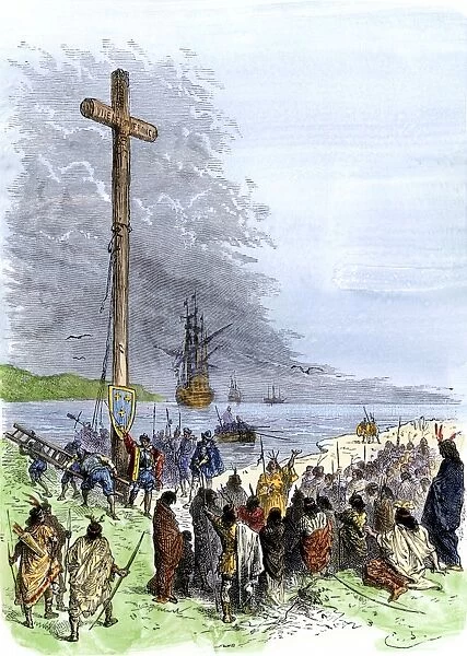 EXPL2A-00230. Jacques Cartier erects a cross along the Saint Lawrence River