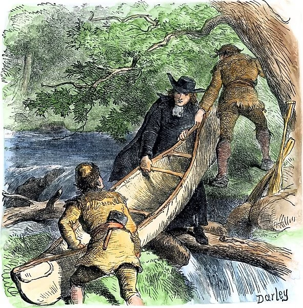 EXPL2A-00256. French missionary and fur traders carrying a canoe at a portage