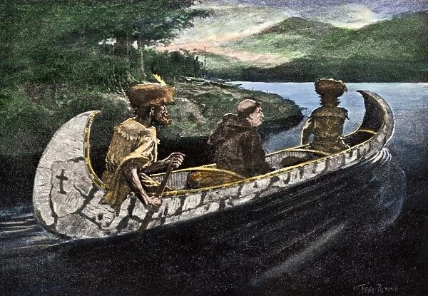 EXPL2A-00266. Jacques Marquette and Louis Joliet in a canoe on the upper Mississippi River