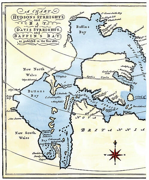 EXPL2A-00284. Early map of Hudsons Strait and Hudsons Bay, 1662, in Arctic Canada.